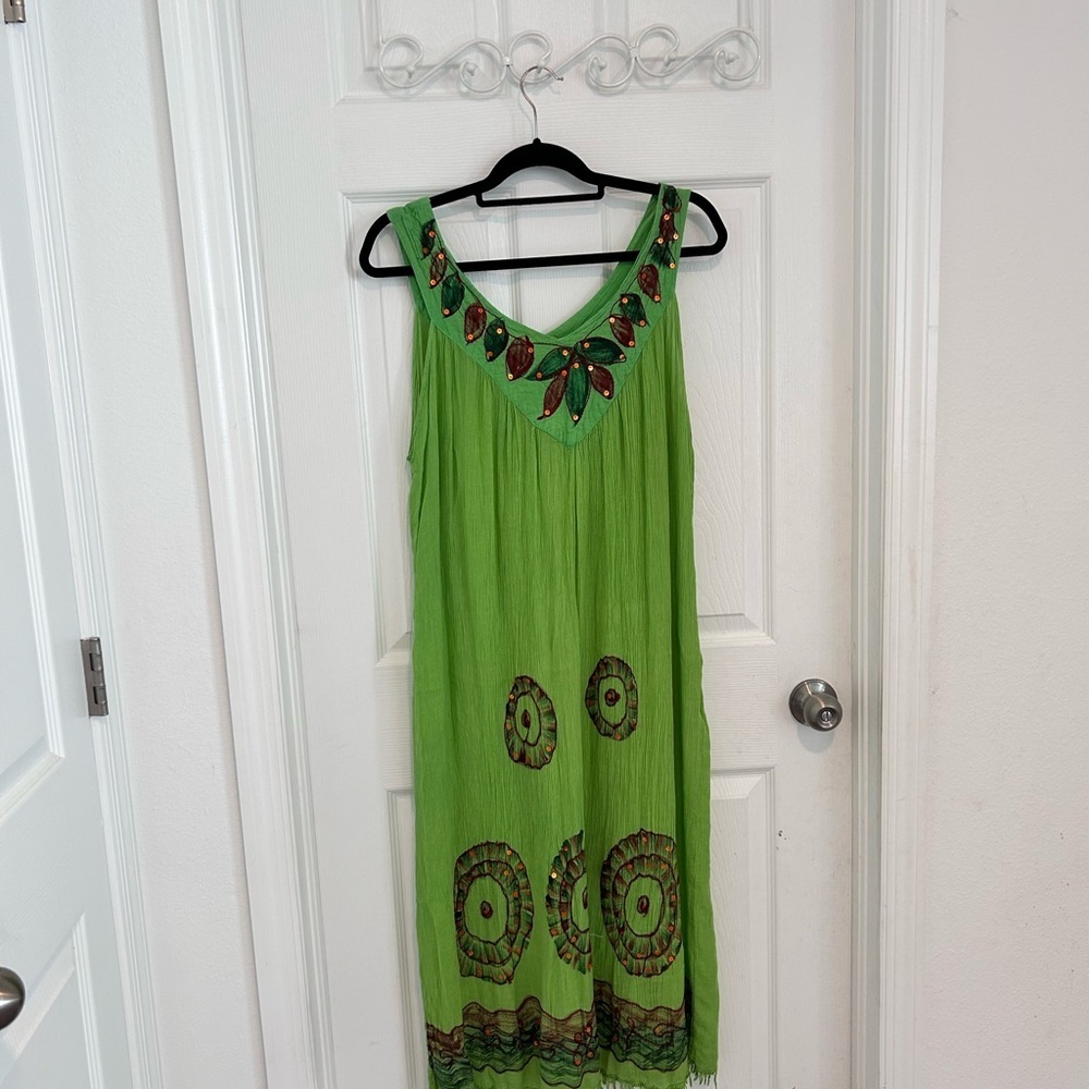 California Breeze Boho Embellished Lime Green Maxi Dress. Size OS